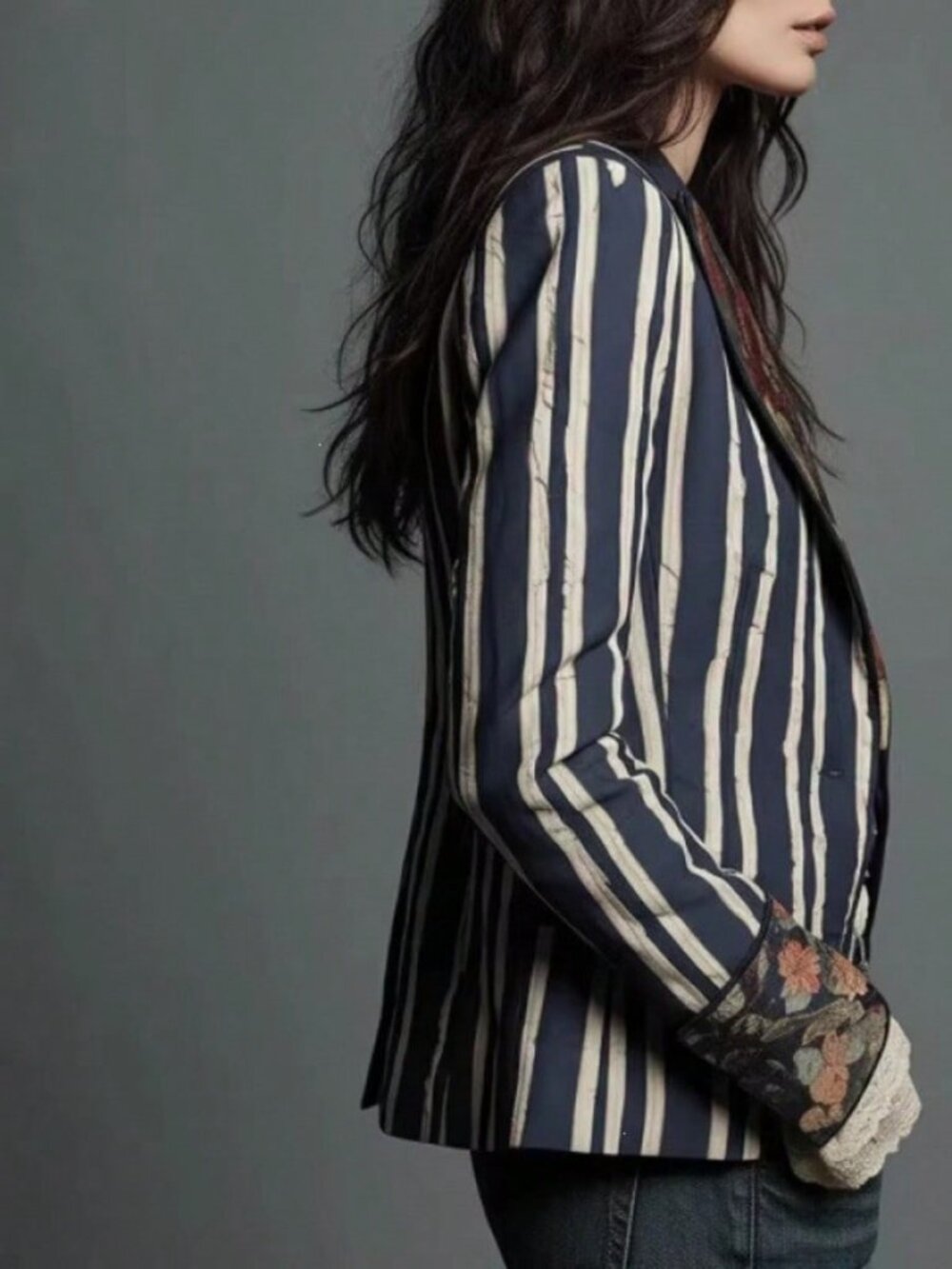Blue Elegant Women's Boho Striped Blazer Contrast Color Blazer Jacket - Picture 3 of 6